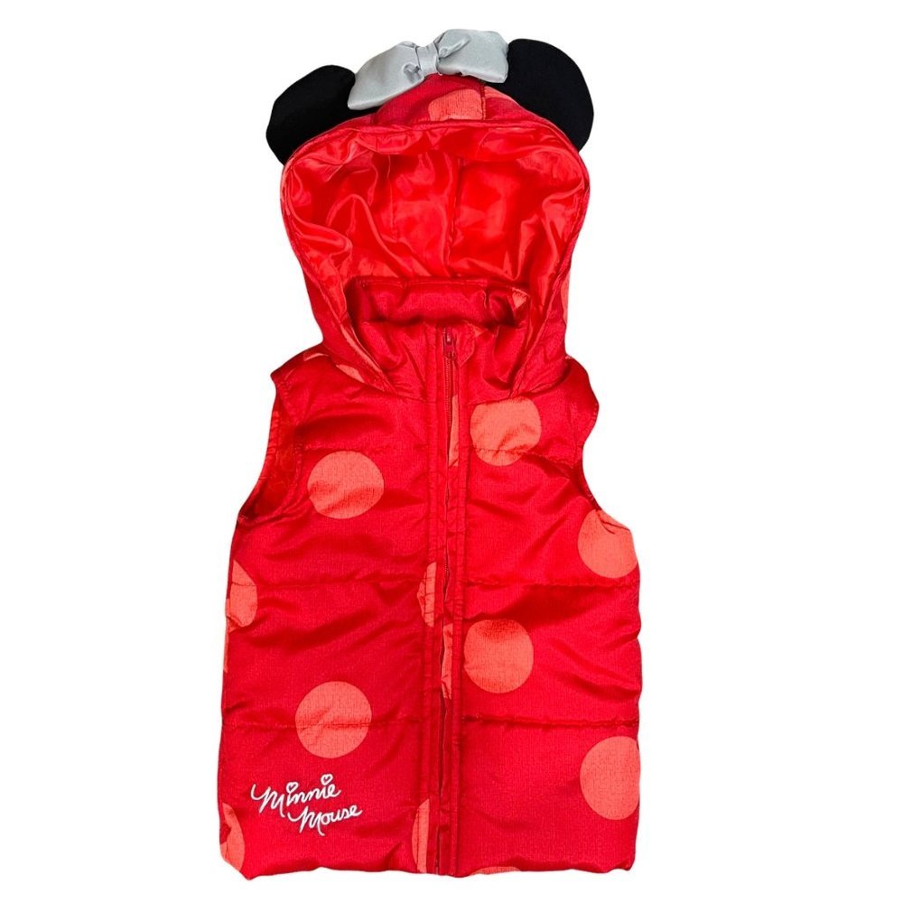 Disney Junior Minnie Mouse Red and Pink Polka Dot Hooded Mouse Ear Puffer Vest S